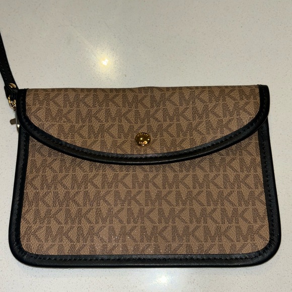 Michael Kors Brown Leather Canvas Logo with Dark Trim Thin Pouch - Picture 2 of 7